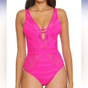Becca Crochet Plunging One-Piece Keyhole Swimsuit - hot pink medium